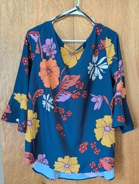 Eloquii Blue Floral V-Neck Tunic - Yellow, Pink, Orange, White